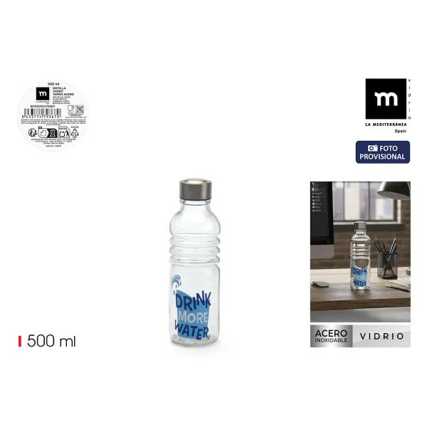 Stikla Pudele La Mediterránea Drink more Water Zils Caurspīdīgs Stikls Tērauds 500 ml (24 gb.)