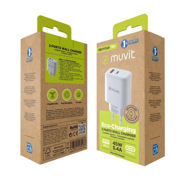 Sieninis įkroviklis Muvit for Change MCD356 Balta 18 W 45 W