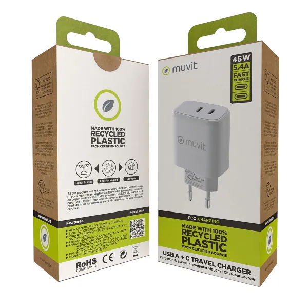 Sieninis įkroviklis Muvit for Change HC-175 Balta 20 W 45 W