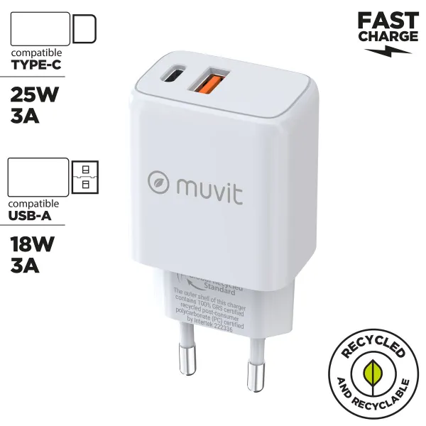 Sieninis įkroviklis Muvit for Change MC-215 Balta 18 W 25 W