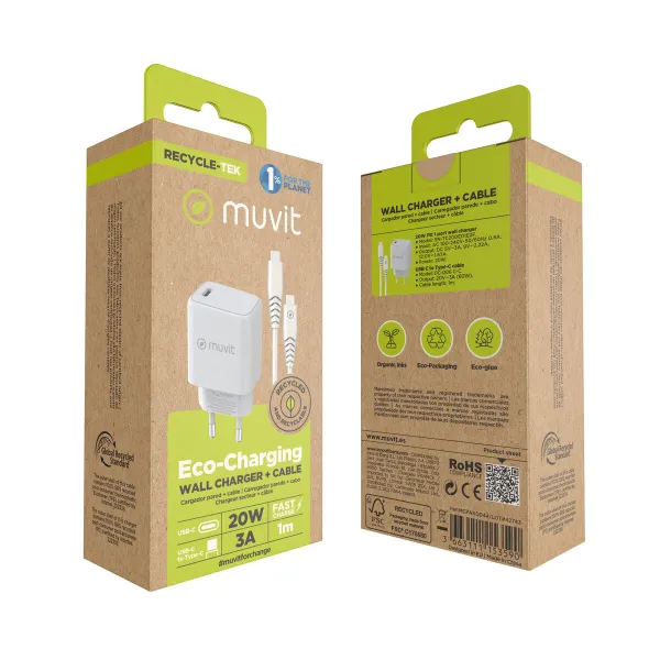 Sienas Lādētājs + USB Kabelis-C Muvit for Change Balts