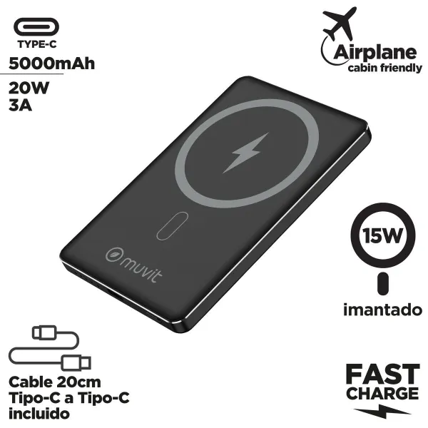 Powerbank Muvit for Change Juoda Aliuminis 5000 mAh