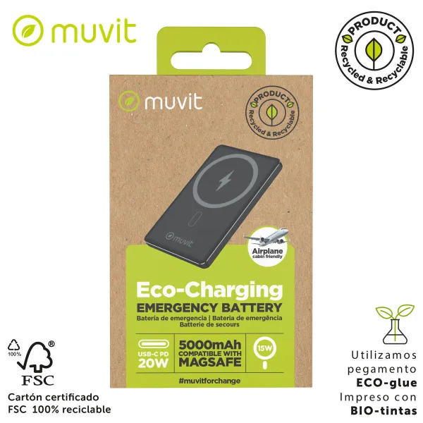 Powerbank Muvit for Change Juoda Aliuminis 5000 mAh