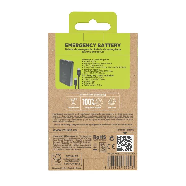Powerbank Muvit for Change Melns Alumīnijs 10000 mAh