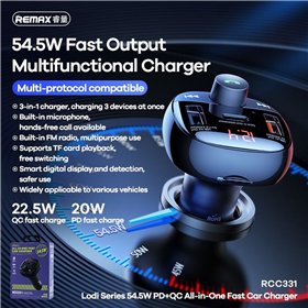 FM bangų moduliatorius Remax RCC331 54.5W 2xUSB-A/1xUSB-C juodas