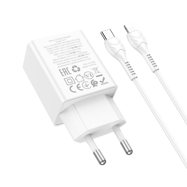 Charger Hoco N71 30W GaN USB-C/USB-A + USB-C to Lightning cable 1.0m white