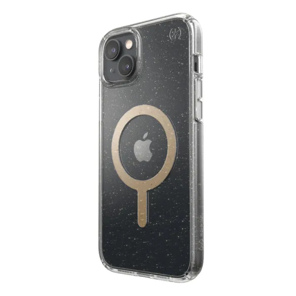 Speck Presidio Perfect-Clear with Glitter + MagSafe - iPhone 15 Plus / 14 Plus Case with MICROBAN Coating (Clear / Gold Glitter)