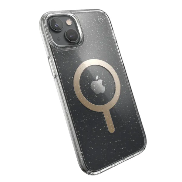 Speck Presidio Perfect-Clear with Glitter + MagSafe - iPhone 15 Plus / 14 Plus Case with MICROBAN Coating (Clear / Gold Glitter)