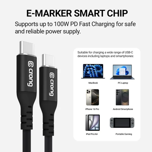 Crong Soft Link - 100W PD 5A USB-C to USB-C Cable 120cm (Black)