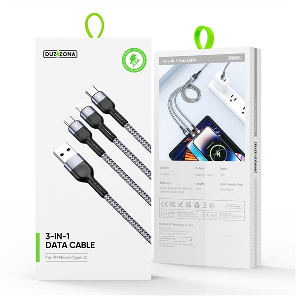 USB cable DUZZONA A3 3in1 microUSB-Lightning-Type-C 1.2m grey