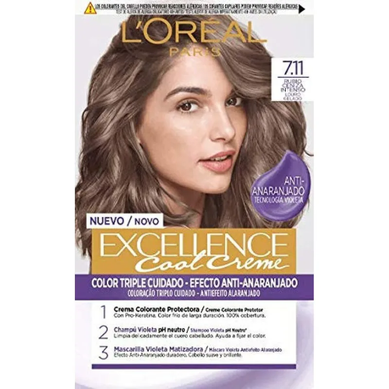 Permanents Krāsojošs Krēms L'Oreal Make Up Excellence Pelnu Blonds 7,11 Intensīvi Nº 7,11-Rubio Ceniza Intenso 192 ml