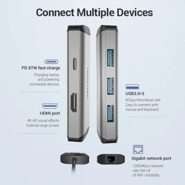 USB Hub Vention CNCHB Black Grey