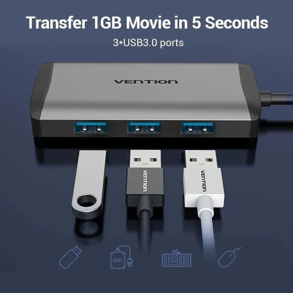 USB Hub Vention CNCHB Black Grey