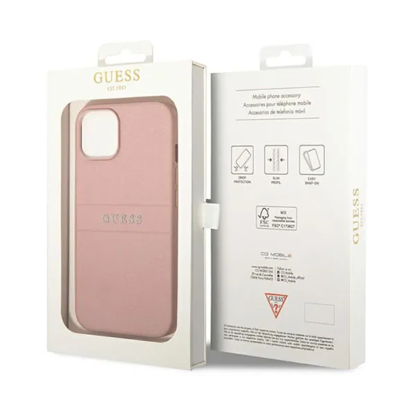 Guess Saffiano Metal Logo Stripes - Case for iPhone 14 Plus (Pink)