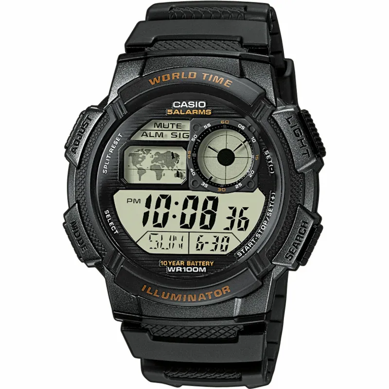 Abiejų lyčių laikrodis Casio WORLD TIME ILLUMINATOR - 5 ALARMS. 10 YEAR BATTERY Juoda Pilka (Ø 48 mm)