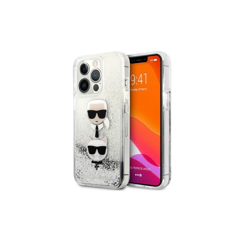 Karl Lagerfeld Liquid Glitter Karl & Choupette Head - Case for iPhone 13 Pro (Silver)