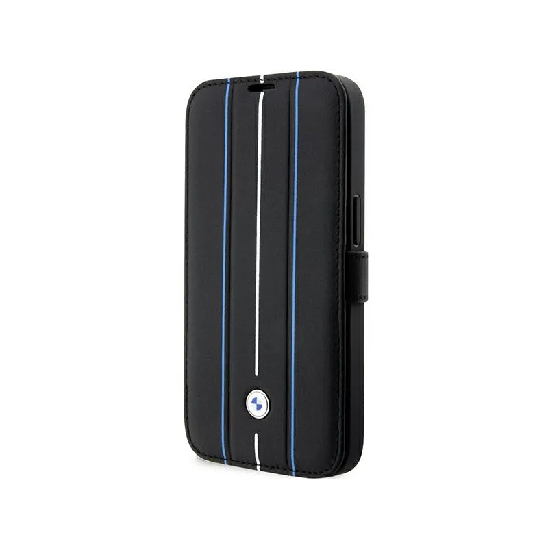 BMW Booktype Leather Stamp Blue Lines - Case for iPhone 14 Pro Max (Black)