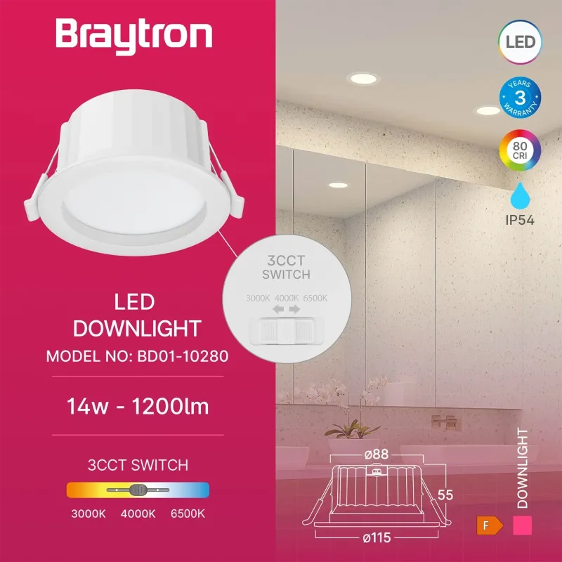 BRY-DOWNLIGHT D12-14W-RND-WHT-3IN1-IP54-LED DOWNLI