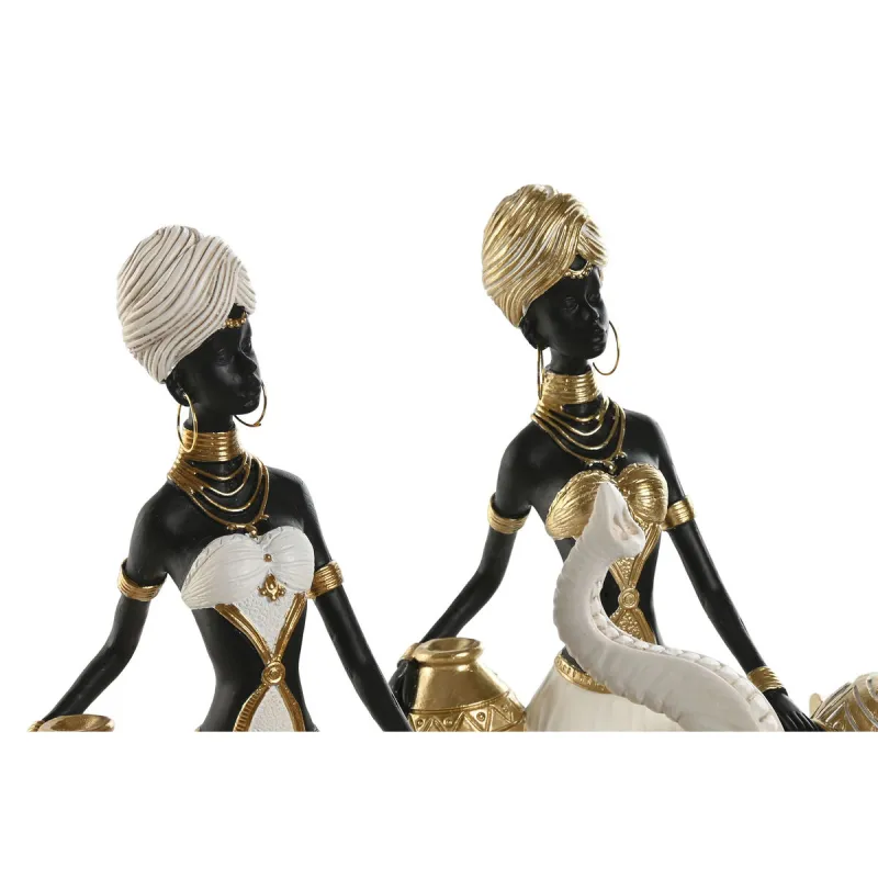 Decorative Figure Home ESPRIT White Black Golden Elephant African Woman 21 x 11 x 32 cm (2 Units)