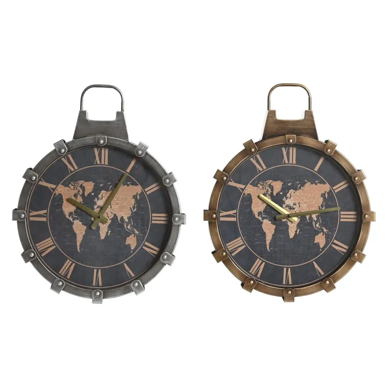 Sienas pulkstenis DKD Home Decor Bronza Sudrabains Stikls Dzelzs Pasaules Karte 42 x 8,5 x 54 cm (2 gb.)