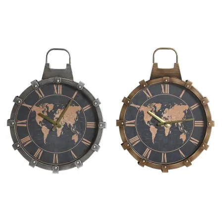 Sienas pulkstenis DKD Home Decor Bronza Sudrabains Stikls Dzelzs Pasaules Karte 42 x 8,5 x 54 cm (2 gb.)