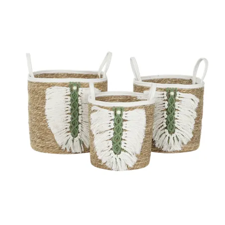 Basket set Home ESPRIT White Green Natural Natural Fibre Tropical 39 x 39 x 36 cm 39 x 39 x 47 cm 3 Pieces