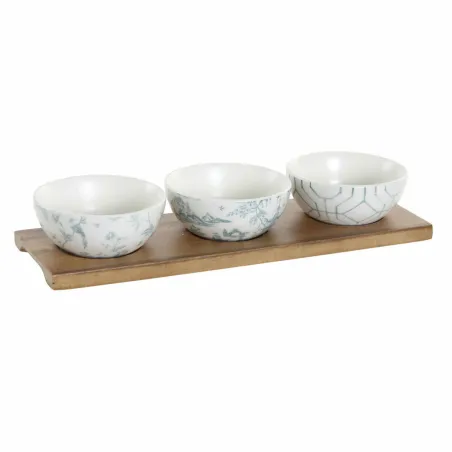 Uzkodu komplekts DKD Home Decor Balts Tumši Zils Porcelāns Akācija Plastmasa Austrumniecisks 4 Daudzums 30 x 9,5 x 1,3 cm