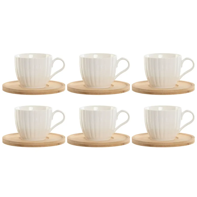 Набор из 6 чашек с блюдом Home ESPRIT Белый Натуральный Бамбук Фарфор 220 ml