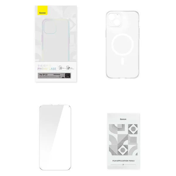 Phone case Baseus Magnetic Crystal Clear for iPhone 13 (transparent) with all-tempered-glass screen protector and cleaning kit