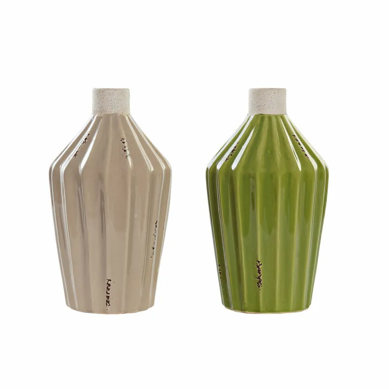 Vase DKD Home Decor Porcelain Beige Green Shabby Chic (12.5 x 12.5 x 23 cm) (2 pcs)