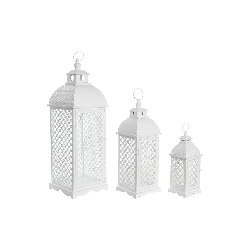 Žibintų rinkinys DKD Home Decor Balta Metalinis Stiklas Arabas Sendinta apdaila 24 x 24 x 74 cm (3 Dalys)