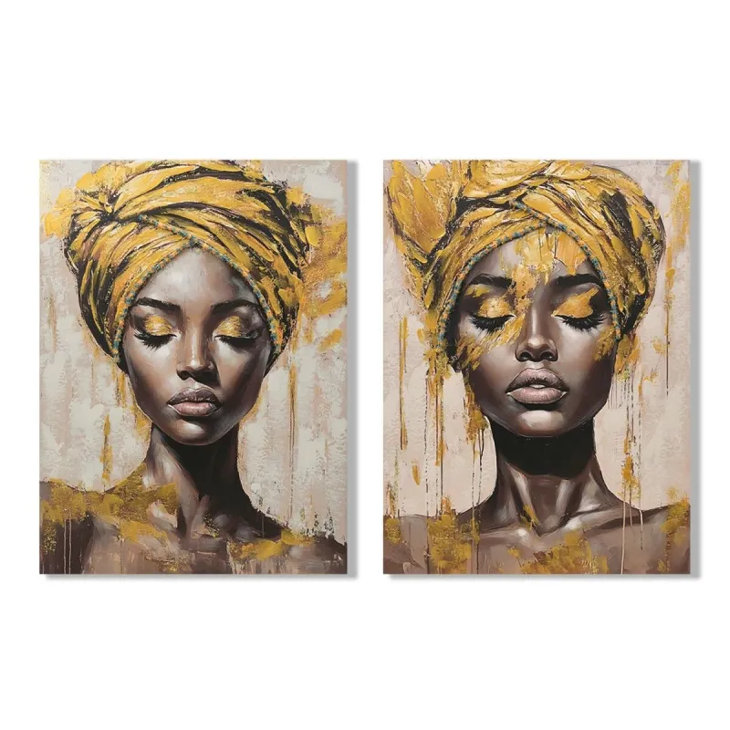 Canvas Home ESPRIT Brown Golden Colonial African Woman 90 x 3 x 120 cm (2 Units)