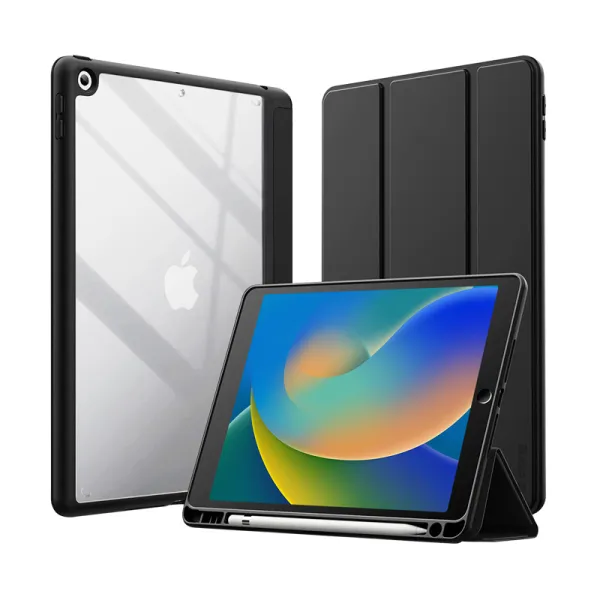 Crong PrimeFolio – iPad 10.2” (2021-2019) Case with Stand and Apple Pencil Storage (Black/Clear)