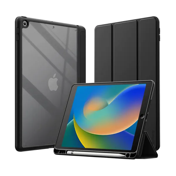 Crong PrimeFolio – iPad 10.2” (2021-2019) Case with Stand and Apple Pencil Storage (Black/Clear)