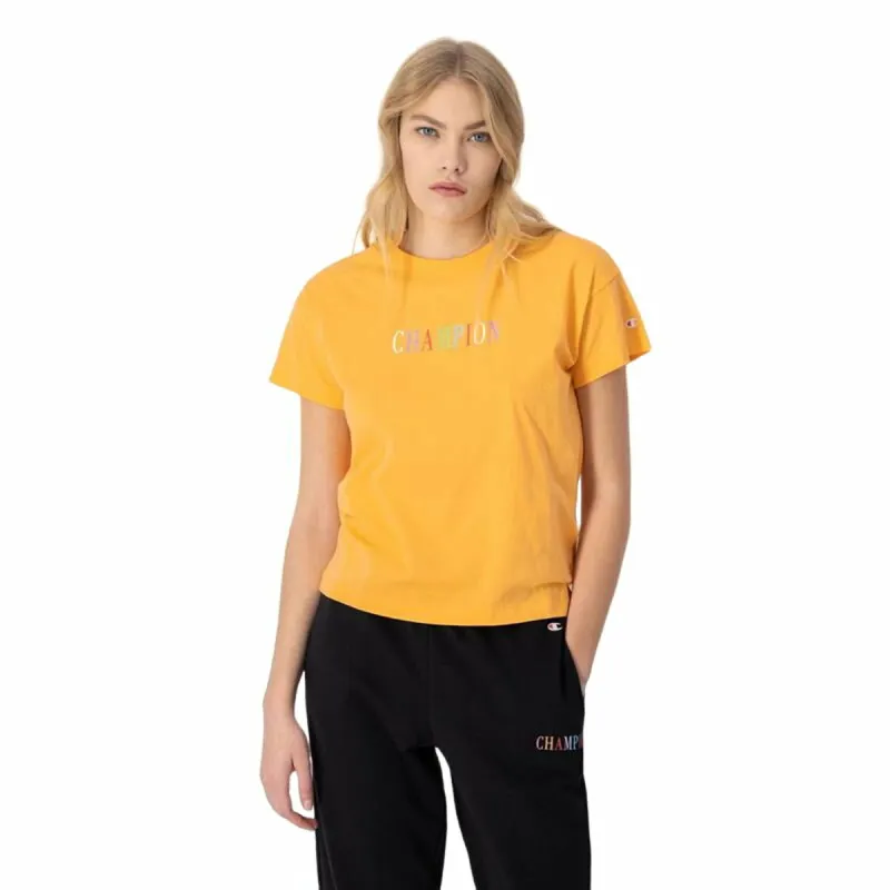 Moteriški marškinėliai su trumpomis rankovėmis Champion Crewneck Croptop Geltona