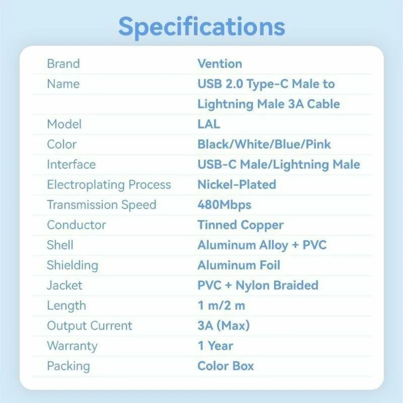 USB - Lightning kabelis Vention 3A CABLECABL Juoda Aliuminis