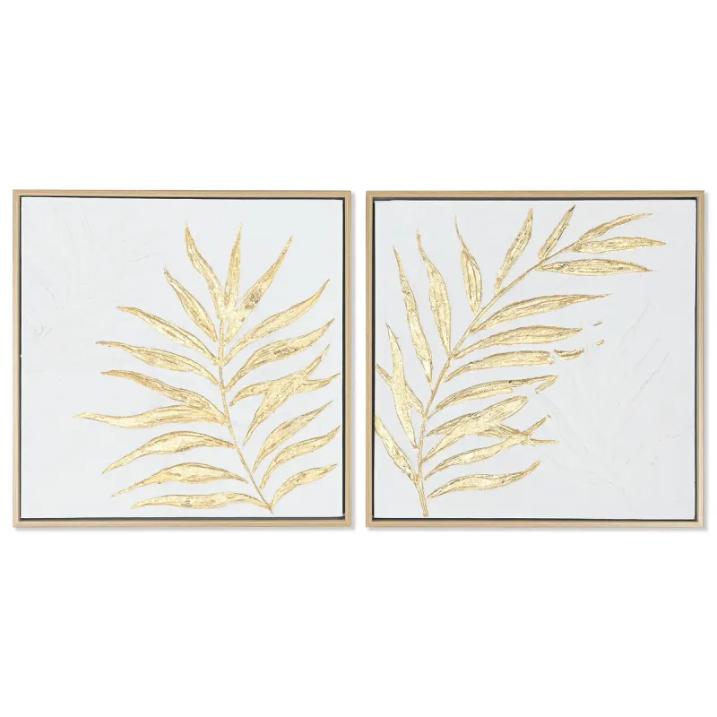 Gleznošana Mājai ESPRIT Balts Zeltains Audekls MDF Koks Moderns Auga Lapa 42 x 4 x 42 cm (2 GAB.)