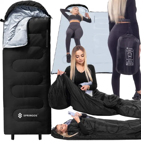 Спальный мешок 2-в-1 Springos CS0122, 220x80 см, теплое одеяло для кемпинга, черно-серый