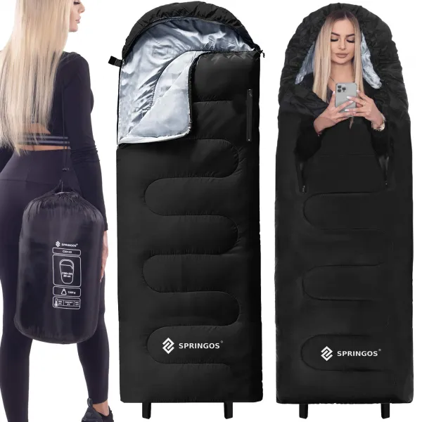 2-ühes reisimagamiskott Springos CS0122, 220x80 cm, soe matkatekk, must-hall