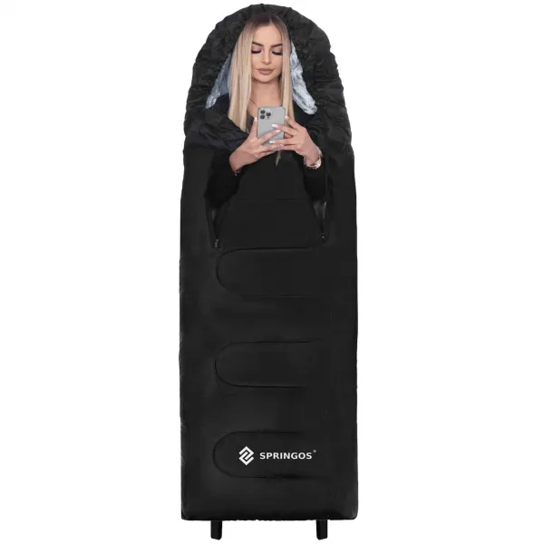 2-ühes reisimagamiskott Springos CS0122, 220x80 cm, soe matkatekk, must-hall