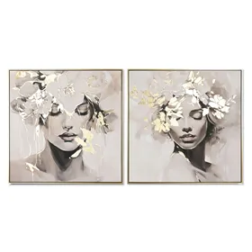 Canvas Home ESPRIT White Beige Golden Flowers 82,3 x 4,5 x 82,3 cm 82,5 x 4,5 x 82 cm 82,5 x 3,7 x 82 cm (2 Units)