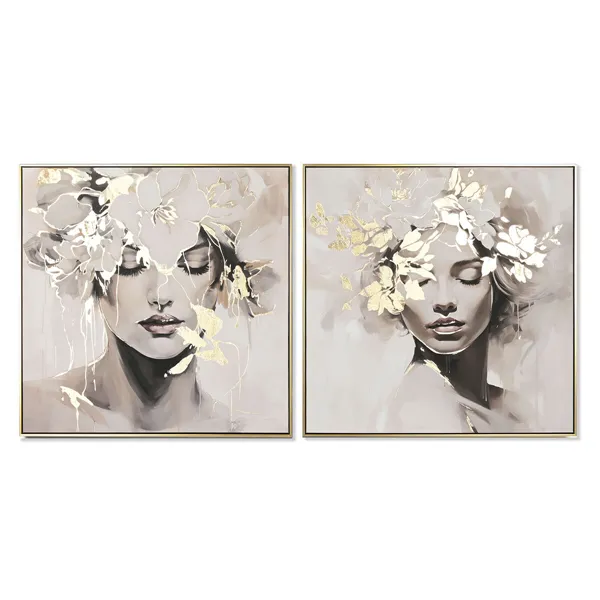 Canvas Home ESPRIT White Beige Golden Flowers 82,3 x 4,5 x 82,3 cm 82,5 x 4,5 x 82 cm 82,5 x 3,7 x 82 cm (2 Units)