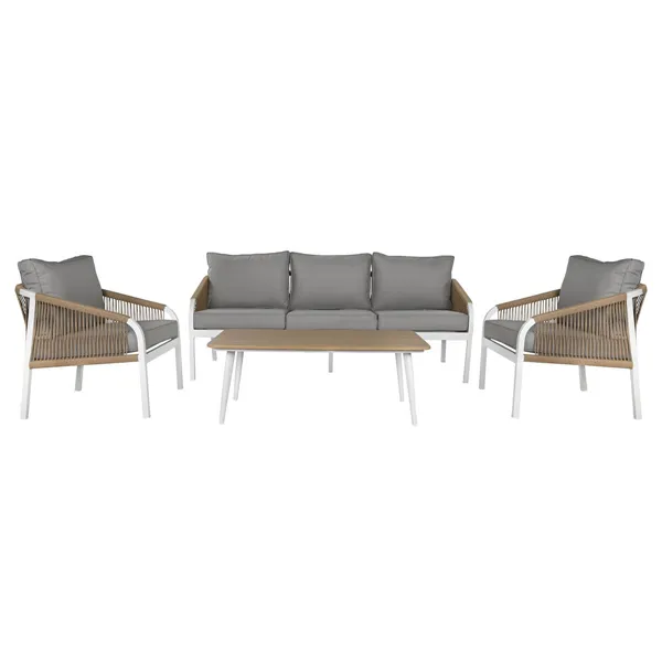 Table Set with 3 Armchairs Home ESPRIT White Natural Light grey 189 x 73 x 84 cm (4 Pieces)