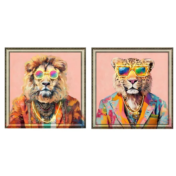 Canvas Home ESPRIT Blue Orange Light Pink Leopard Lion Modern 84 x 4 x 84 cm (2 Units)