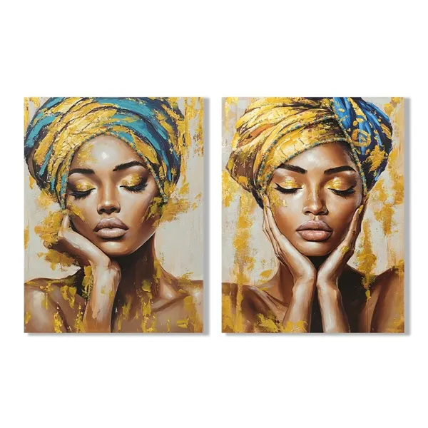 Canvas Home ESPRIT Turquoise Golden Colonial African Woman 90 x 3 x 120 cm (2 Units)