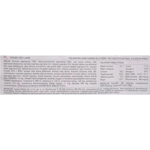 Fodder Acana Grass-Fed Adult Fruit Lamb Vegetable 6 Kg