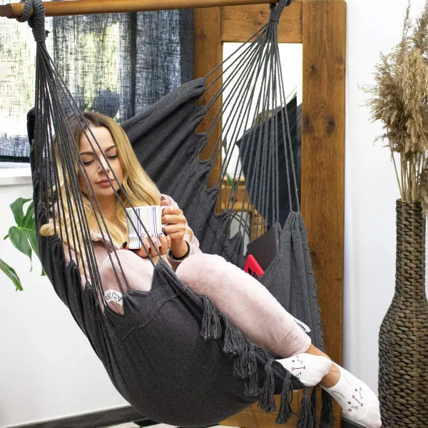Pakabinama kėdė su pagalvėlėmis Springos HM045 130x100cm Brazilų hamakas su kutais pilkas