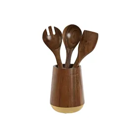 Pot for Kitchen Utensils Home ESPRIT Stainless steel Acacia 13 x 13 x 16,5 cm 4 Pieces