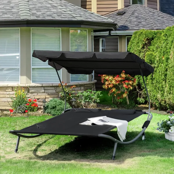 Double Garden Lounger with Adjustable Canopy, Black Springos GF2000