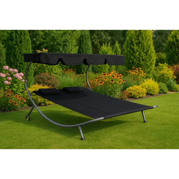 Double Garden Lounger with Adjustable Canopy, Black Springos GF2000